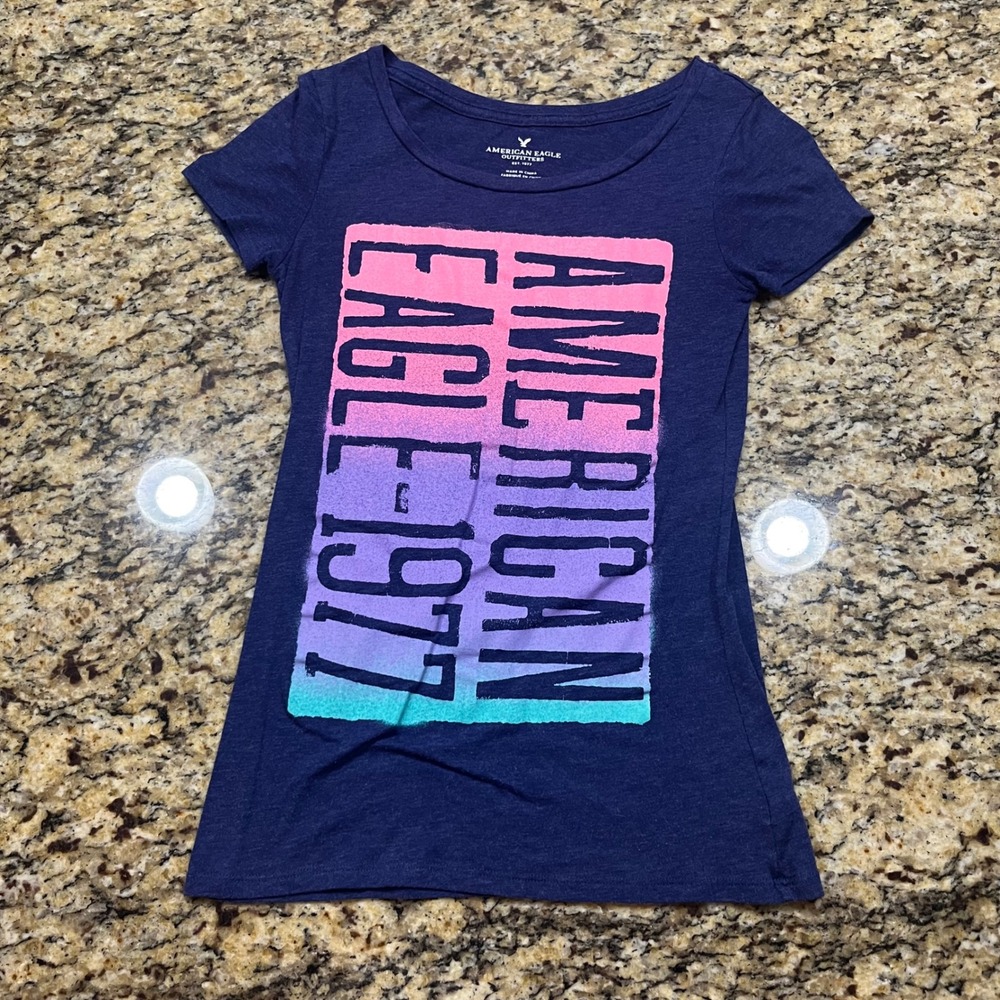 American Eagle Outfitters Womens XS‎ Navy Blue Graphic Logo T-Shirt Short Sleeve